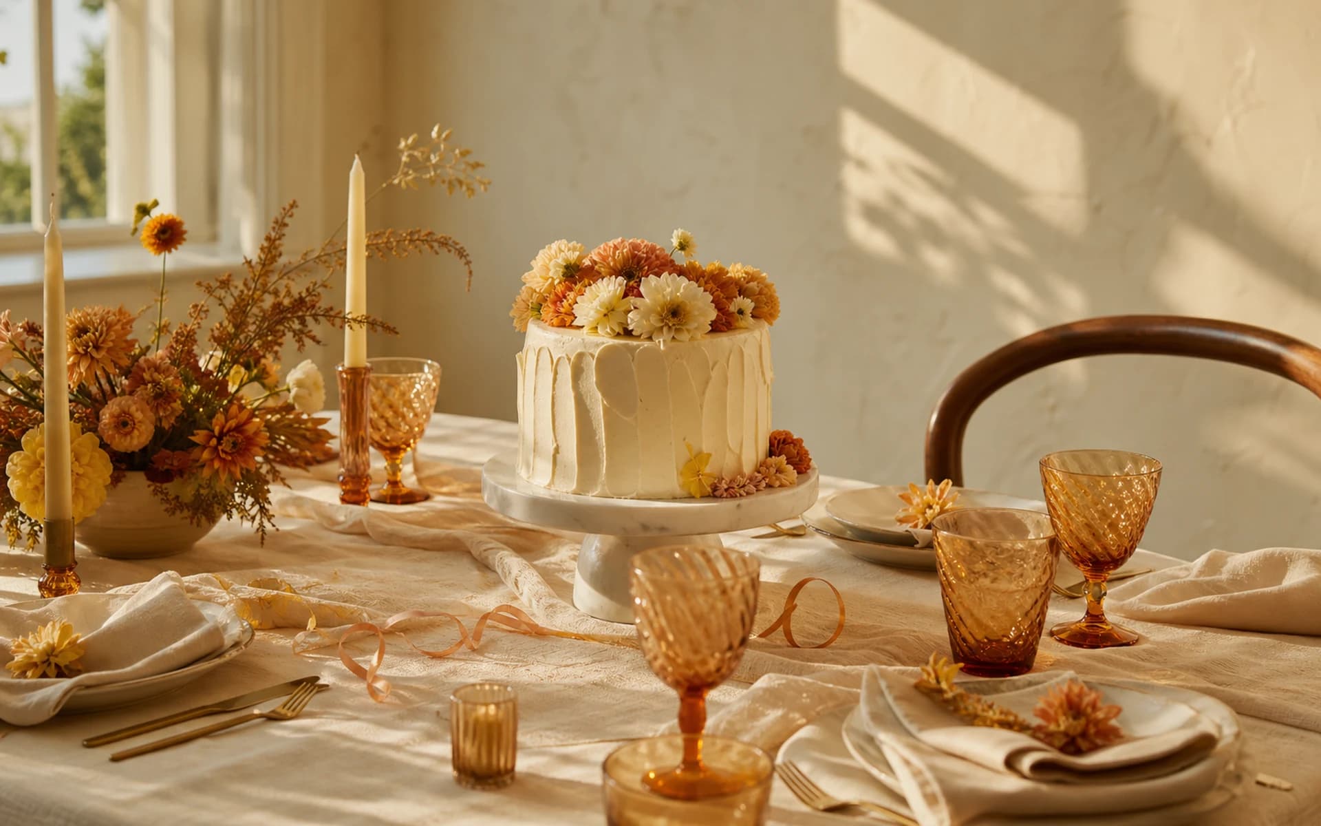 Mesa de cumpleaños en tonos crema y miel con pastel y flores