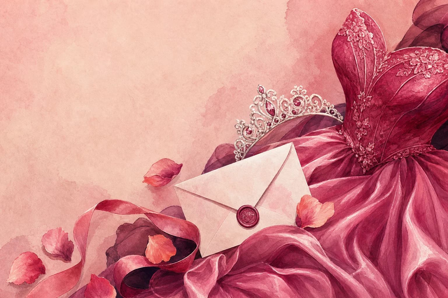 Ilustración en acuarela de vestido, tiara y papelería de quince años