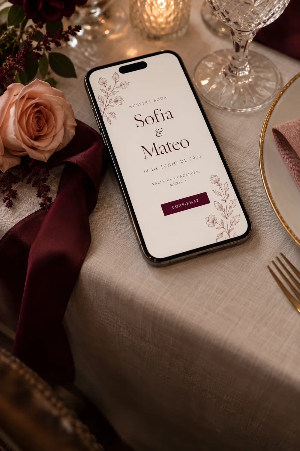 Invitación digital en un celular sobre una mesa con flores y detalles borgoña